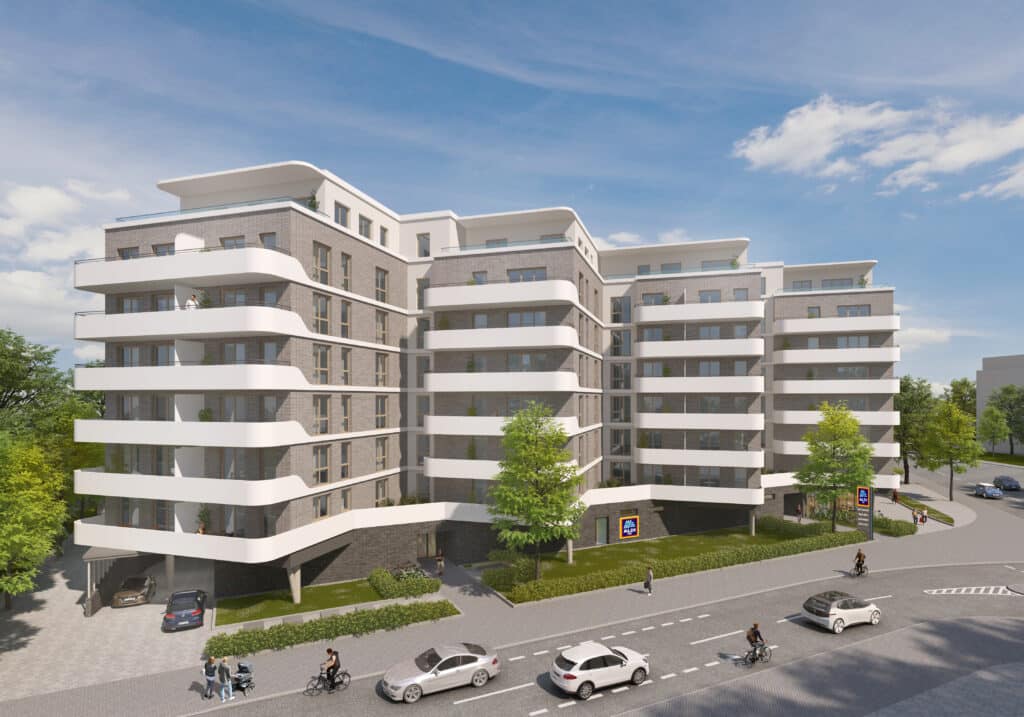 Architektonische Visualisierung eines modernen Wohn- und Geschäftshauses mit geschwungenen Balkonen und Aldi Süd im Erdgeschoss.
