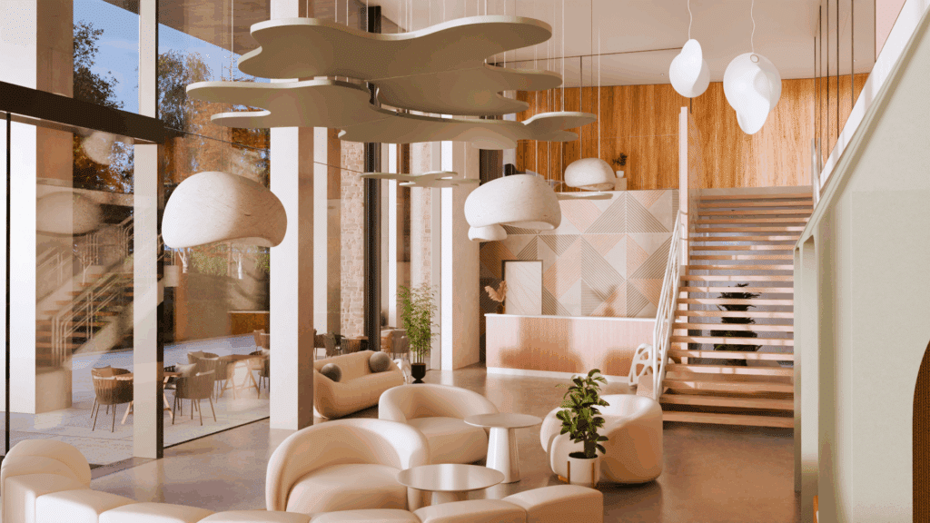Lounge-Bereich mit Akustik-Design und Panoramafenstern