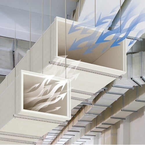 Lüftungskanäle mit Luftstrom-Darstellung in einem modernen Gebäudetechniksystem.