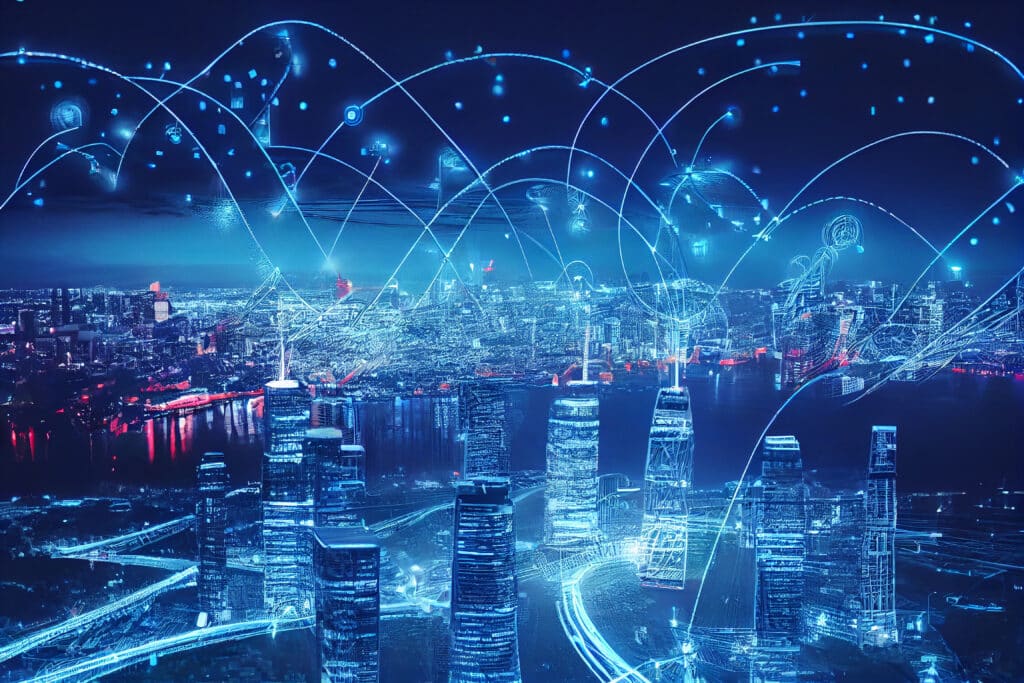 Stadtansicht bei Nacht mit digital illustrierten Netzwerk- und Datenverbindungen, die moderne Smart-City-Infrastrukturen symbolisieren.