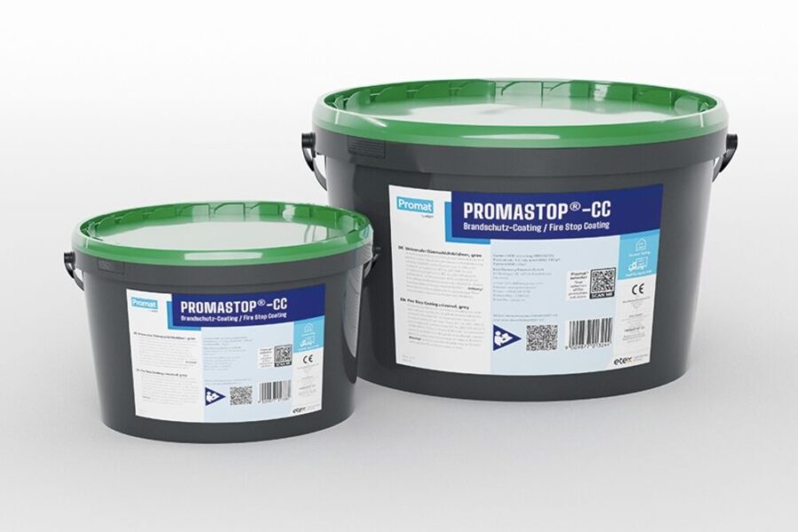 Zwei Eimer PROMASTOP®-CC Brandschutzbeschichtung von Promat in 5 kg und 12,5 kg Ausführung mit grünem Deckel.