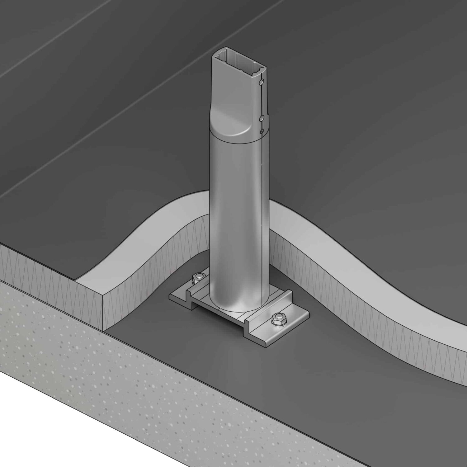 Montiertes Barrial-FIX-Schutzgeländer mit D-Fuß auf einer Flachdachfläche; Detaildarstellung der Befestigung über der Abdichtung.