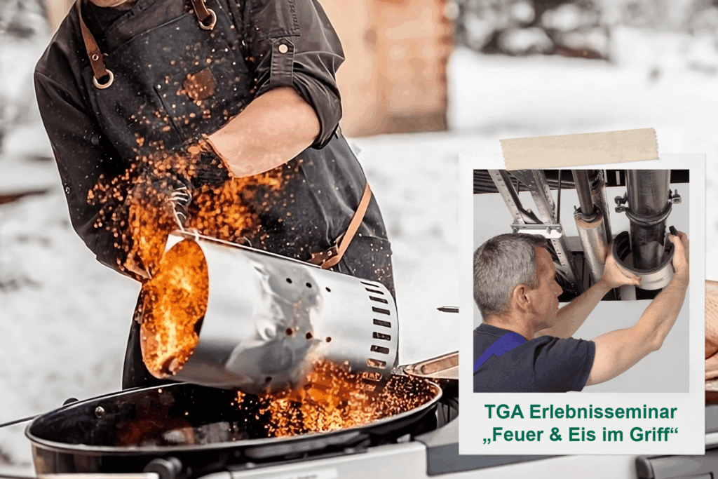 Mann schüttet glühende Kohlen in einen Grill, daneben kleines Foto eines Monteurs an Rohrleitungen mit Text „TGA Erlebnisseminar: Feuer & Eis im Griff“.