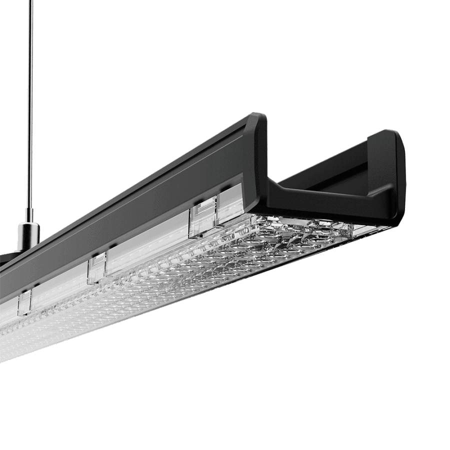 Nahaufnahme der TYTAN Steel LED-Hallenleuchte mit klarer Gehäuse- und Optikstruktur.