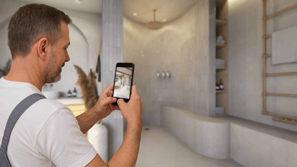 Ein Handwerker fotografiert mit seinem Smartphone den Baufortschritt in einem modernen Badezimmer.
