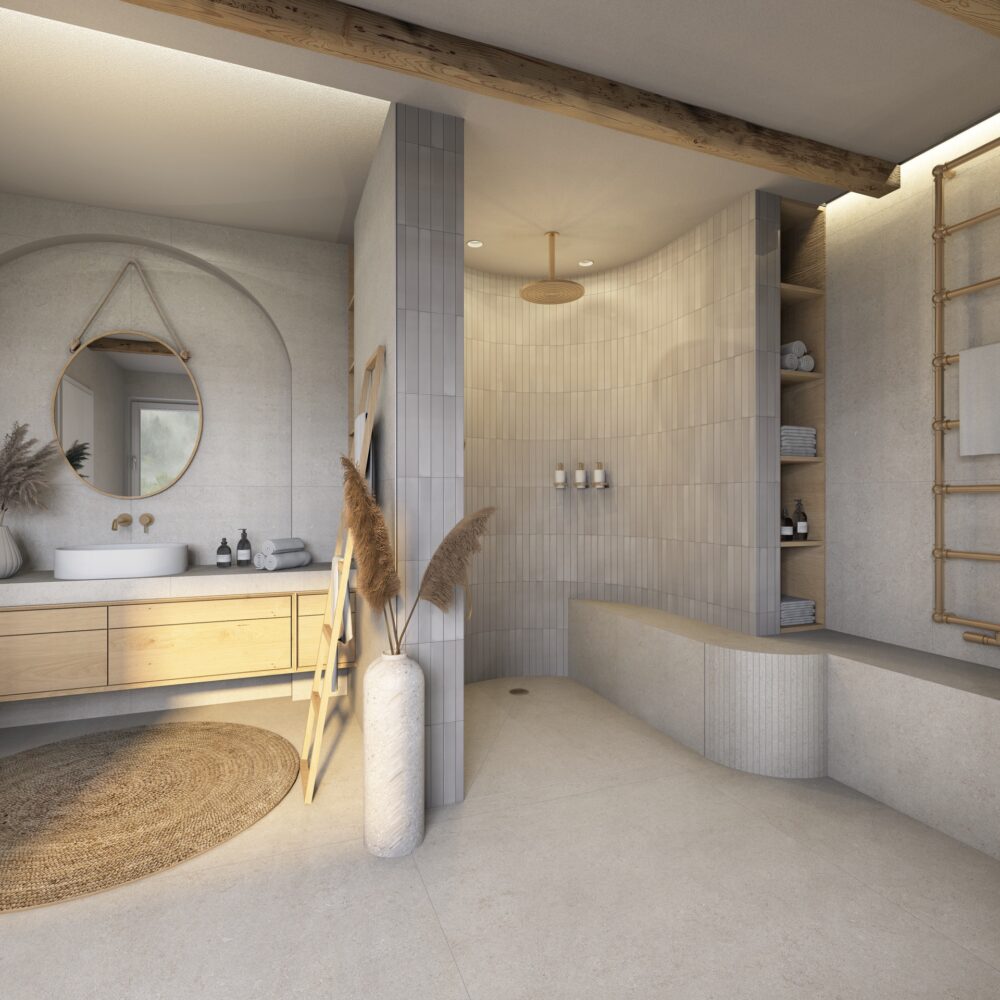 Helles Badezimmer mit offener Dusche, Holzdekor, Spiegel und dekorativen Naturakzenten.