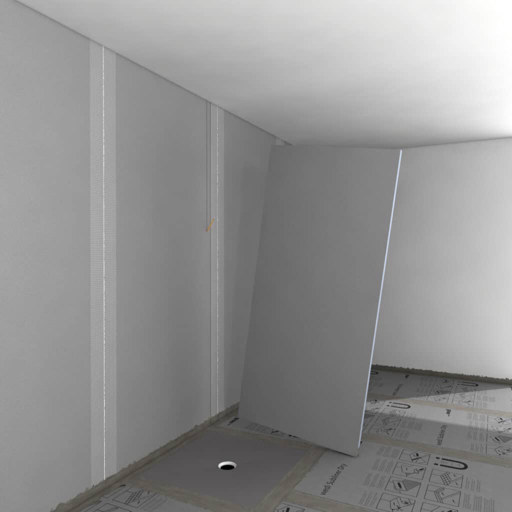 Verlegung von Wedi-Bauplatten im Duschbereich auf vorbereitetem Untergrund mit Abdichtungssystem.