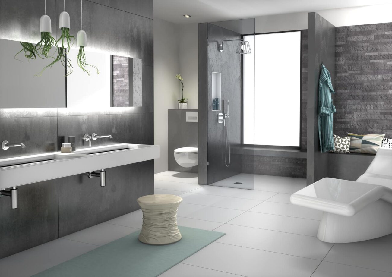 Fugenloses Bad mit begehbarer Dusche, Waschtisch und Sitzbank – elegante Umsetzung mit Wedi-Systemelementen in dunklem Design.