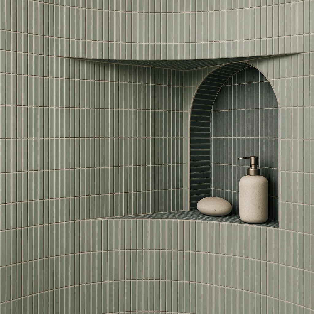 Detailaufnahme einer gefliesten Wandnische mit Seifenspender und Stein im Badezimmer.