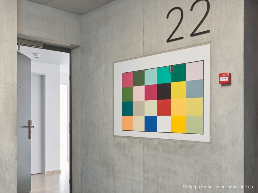 Innenansicht einer Etage im Wohnhaus Zürich mit Sichtbetonwand, grauer Tür und farbigem Wandfeld als Orientierungselement.